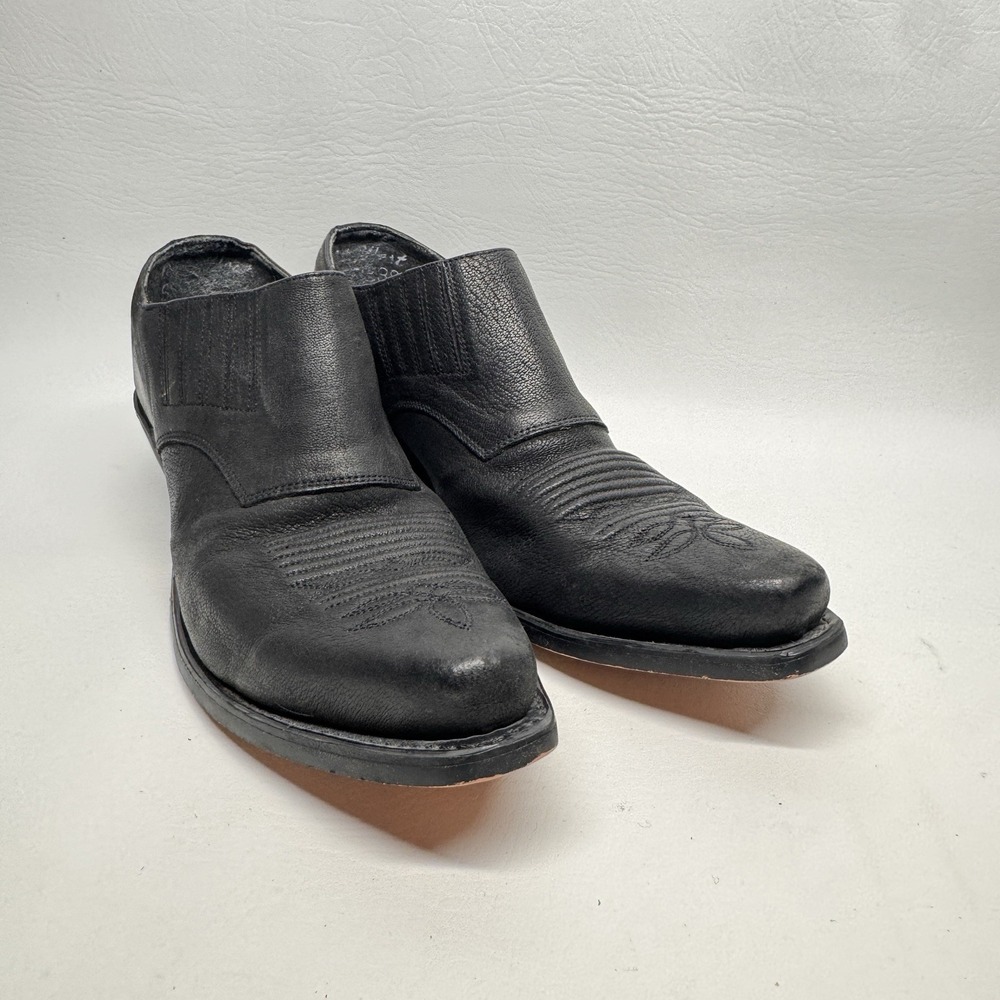 Black Leather Western Pointed Snipped Toe Embroidered Mules Cuban Heel Size 9